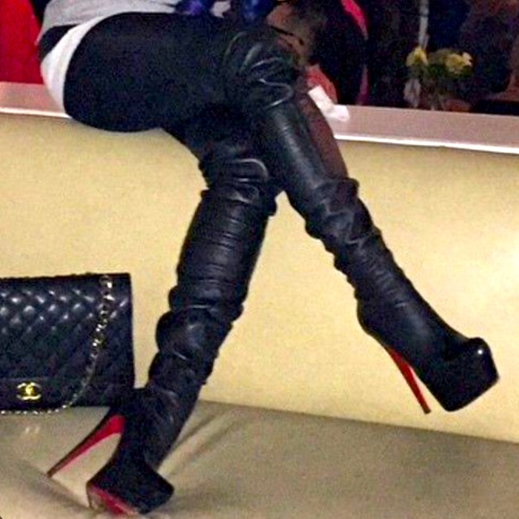 Christian Louboutin Shoes - CHRISTIAN LOUBOUTIN MONICARINA BLACK LEATHER STRETCH THIGH HIGH PLATFORM BOOT 37